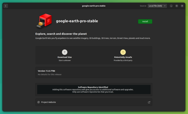 google earth deb package install via software center