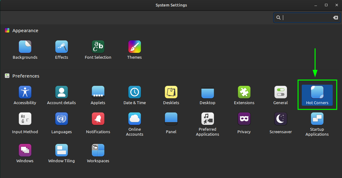 hot corners option in system settings