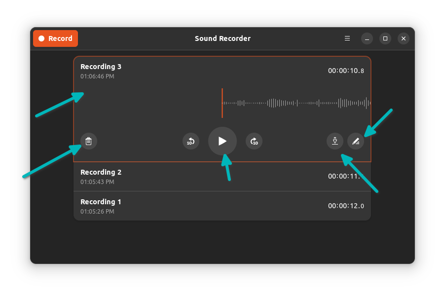Using saved audio recording in GNOME Sound Recorder