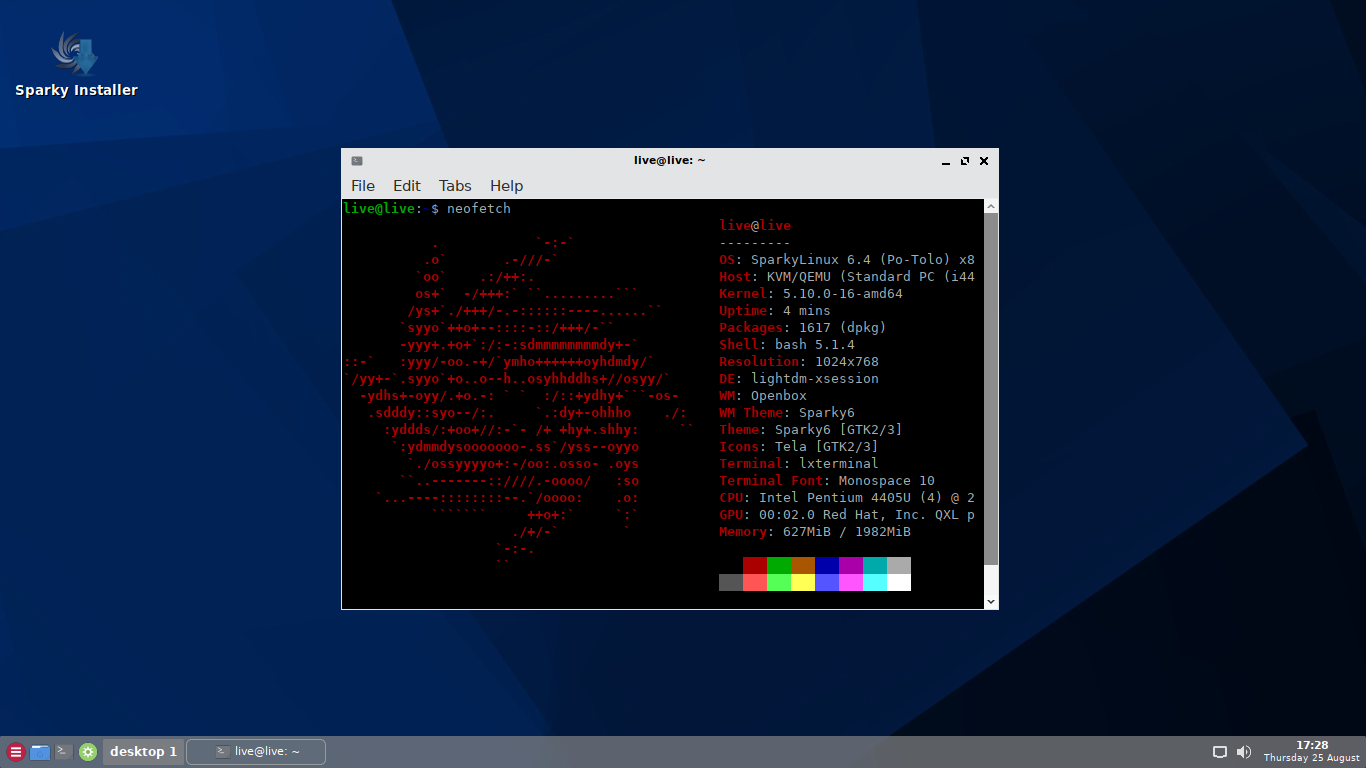 sparky linux openbox live media with neofetch open in terminal