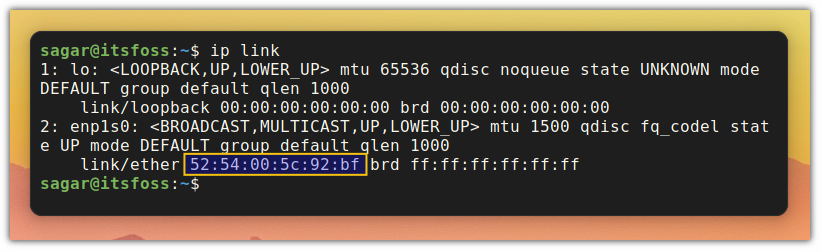 use ip link command to show mac address