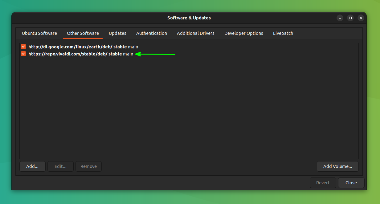 vivaldi repository listed in ubuntu other software repositories list