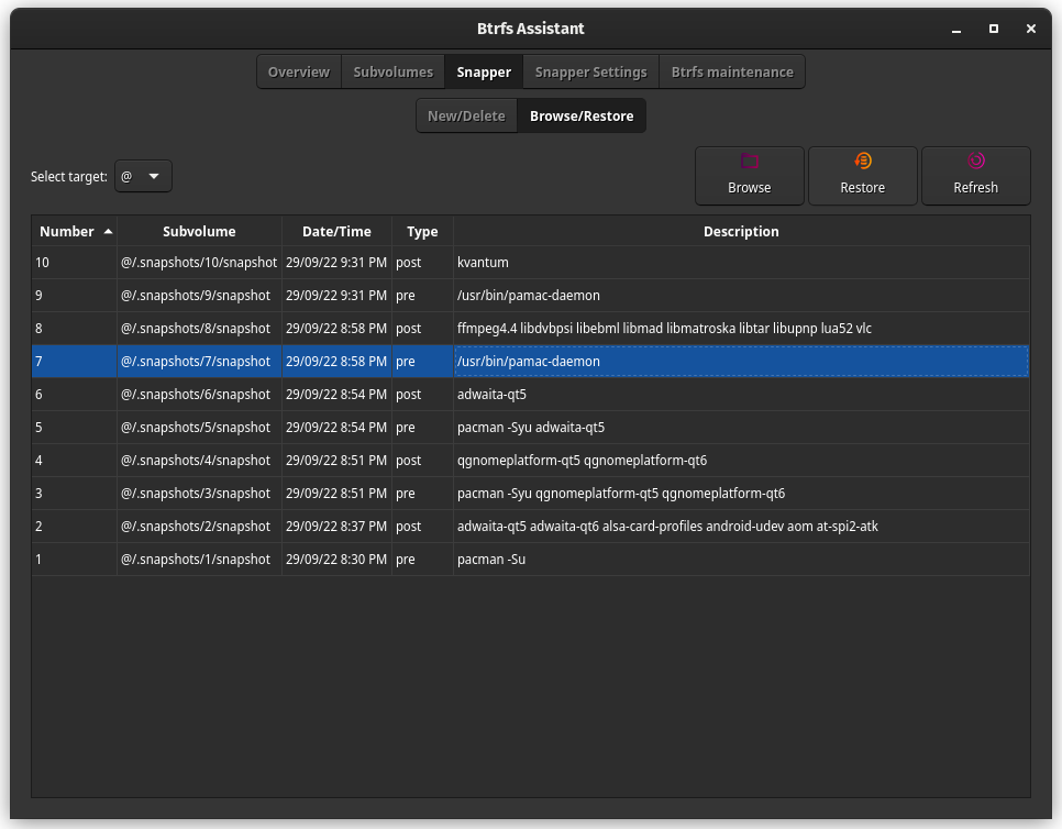 Btrfs Assistant showing a list of snapshots