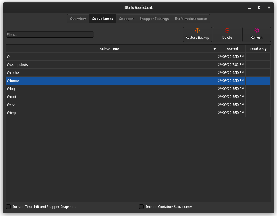 Btrfs Assistant showing list of subvolumes 