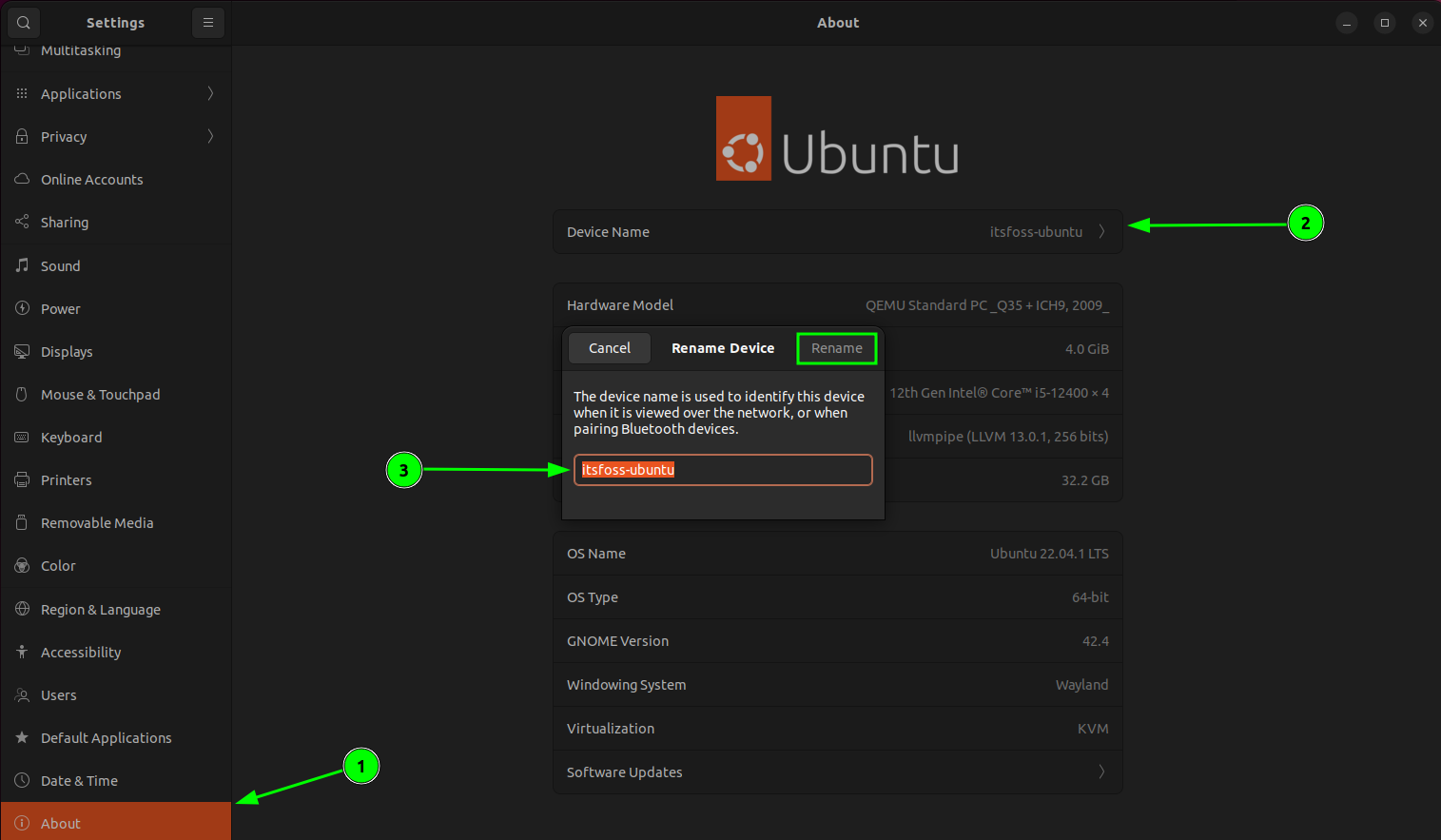 change the hostname through ubuntu settings gui