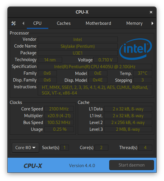CPU-X default interface with Adwaita-dark