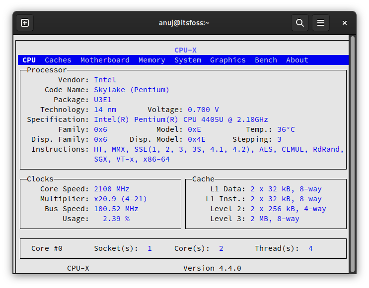 CPU-X NCurses running on GNOME Terminal