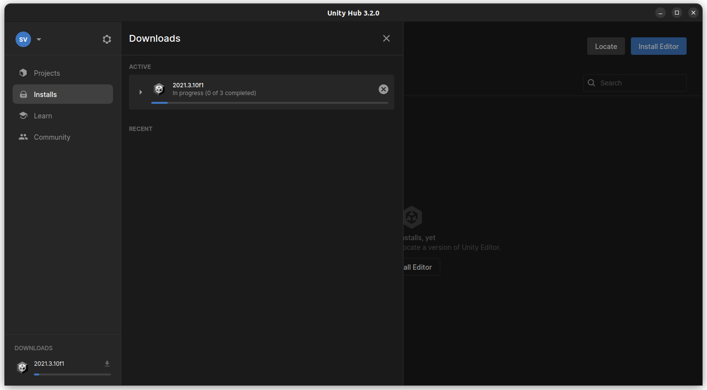 downloading editor inside unity hub app