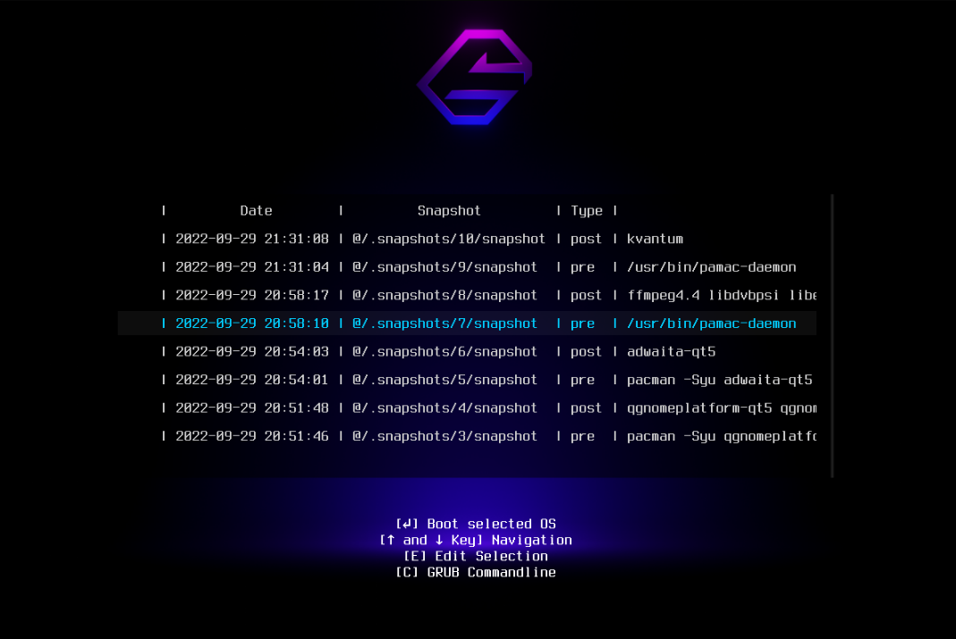 GRUB menu with snapshots listed