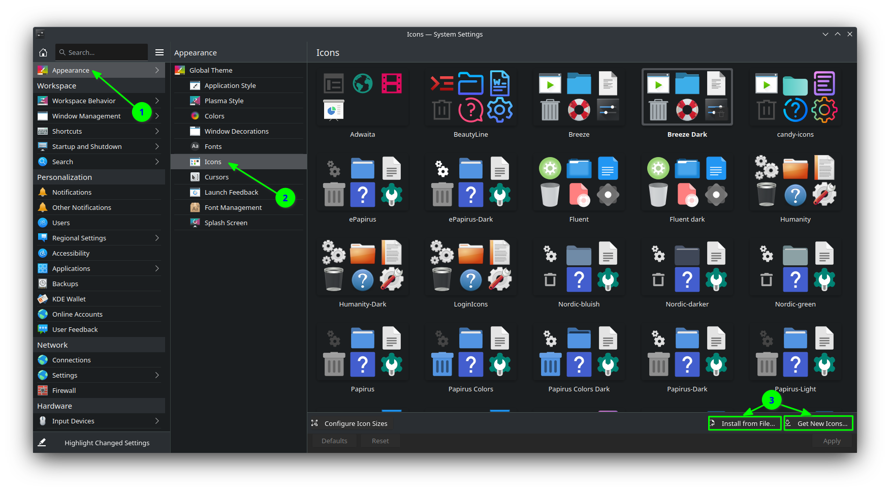 install icon theme from kde system settings