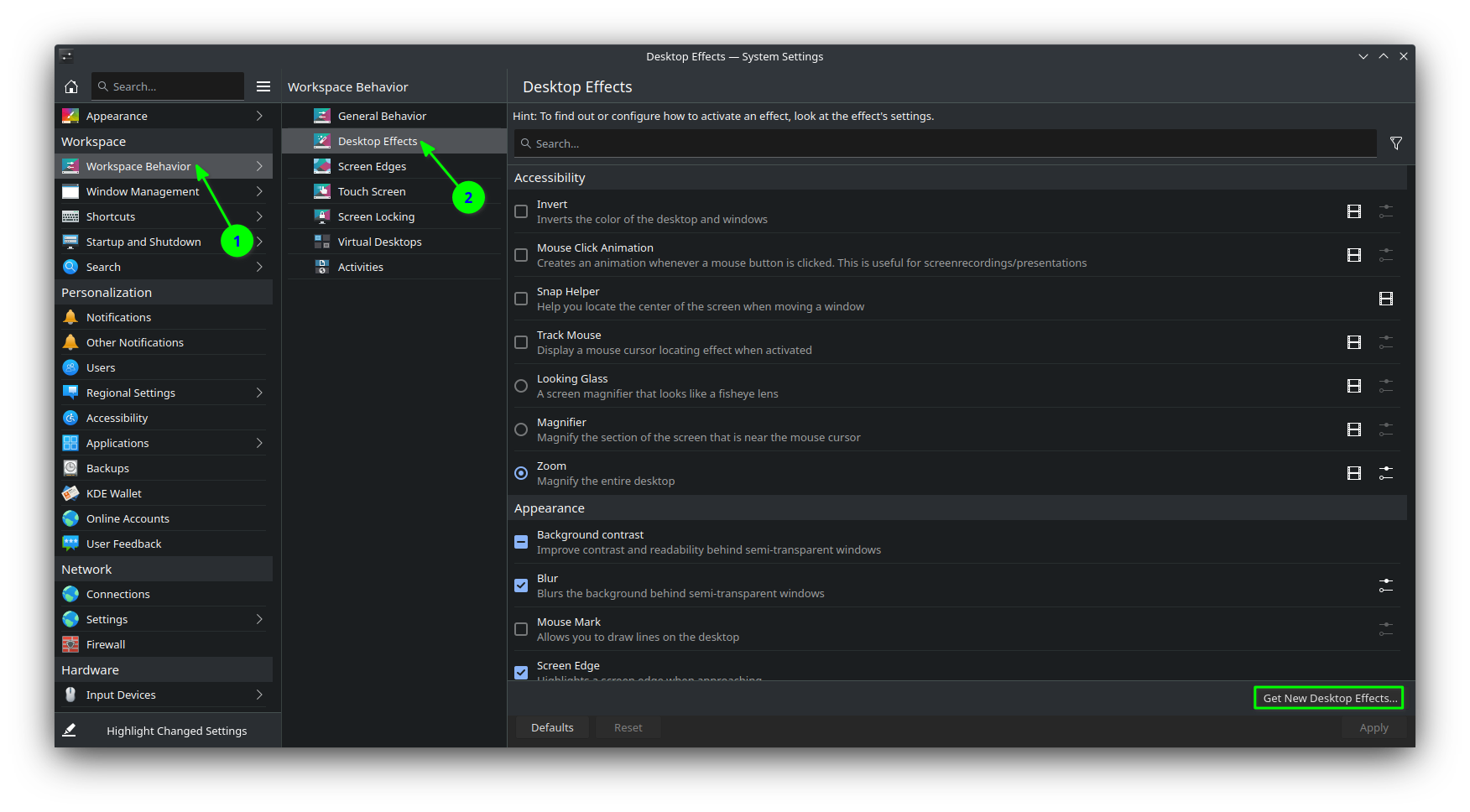 kde settings desktop effects page