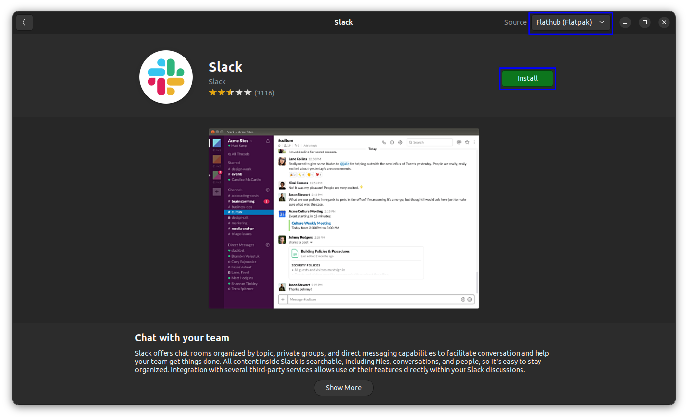 install slack as a flatpak package through gnome software