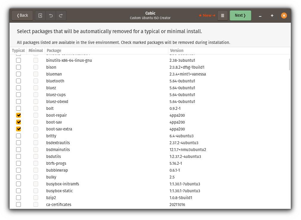 select packages for minimal and normal install