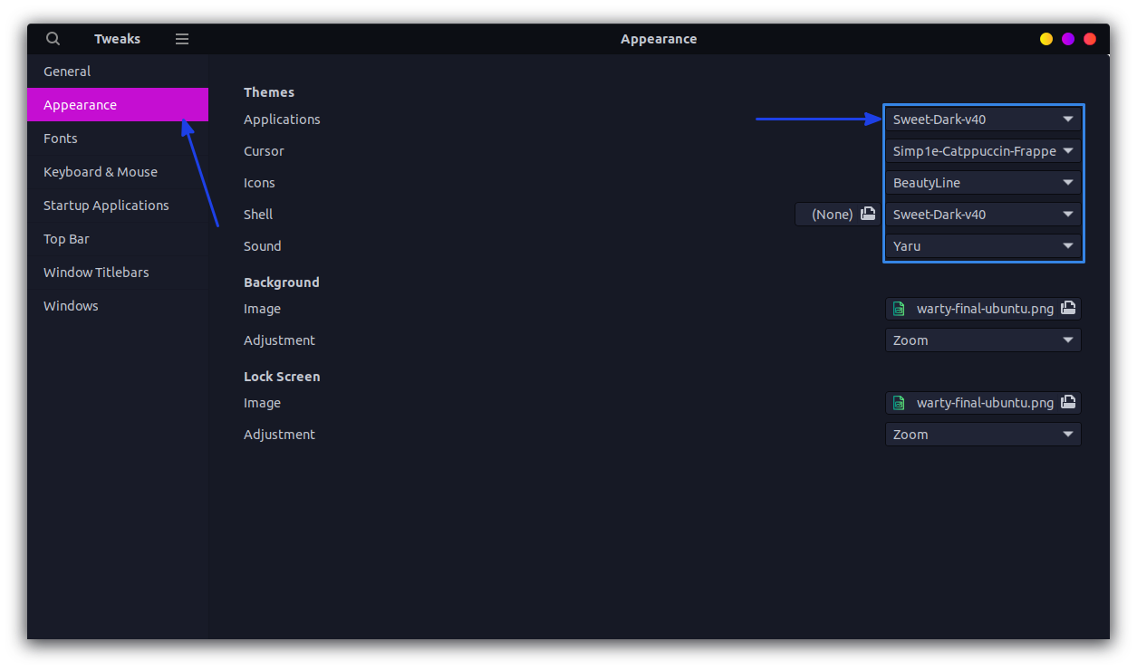 set themes with gnome tweaks