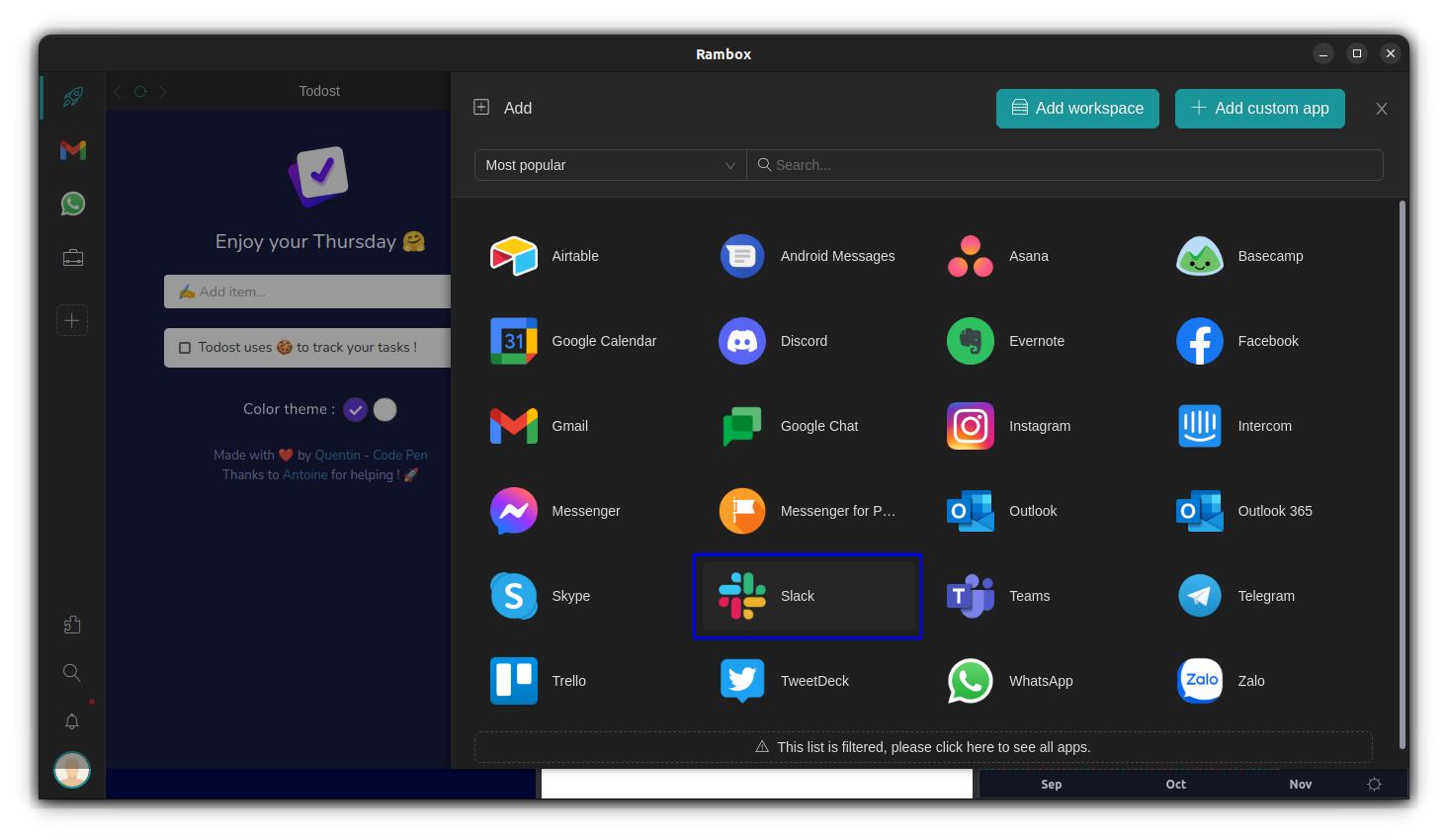 Slack application listed in Rambox application list