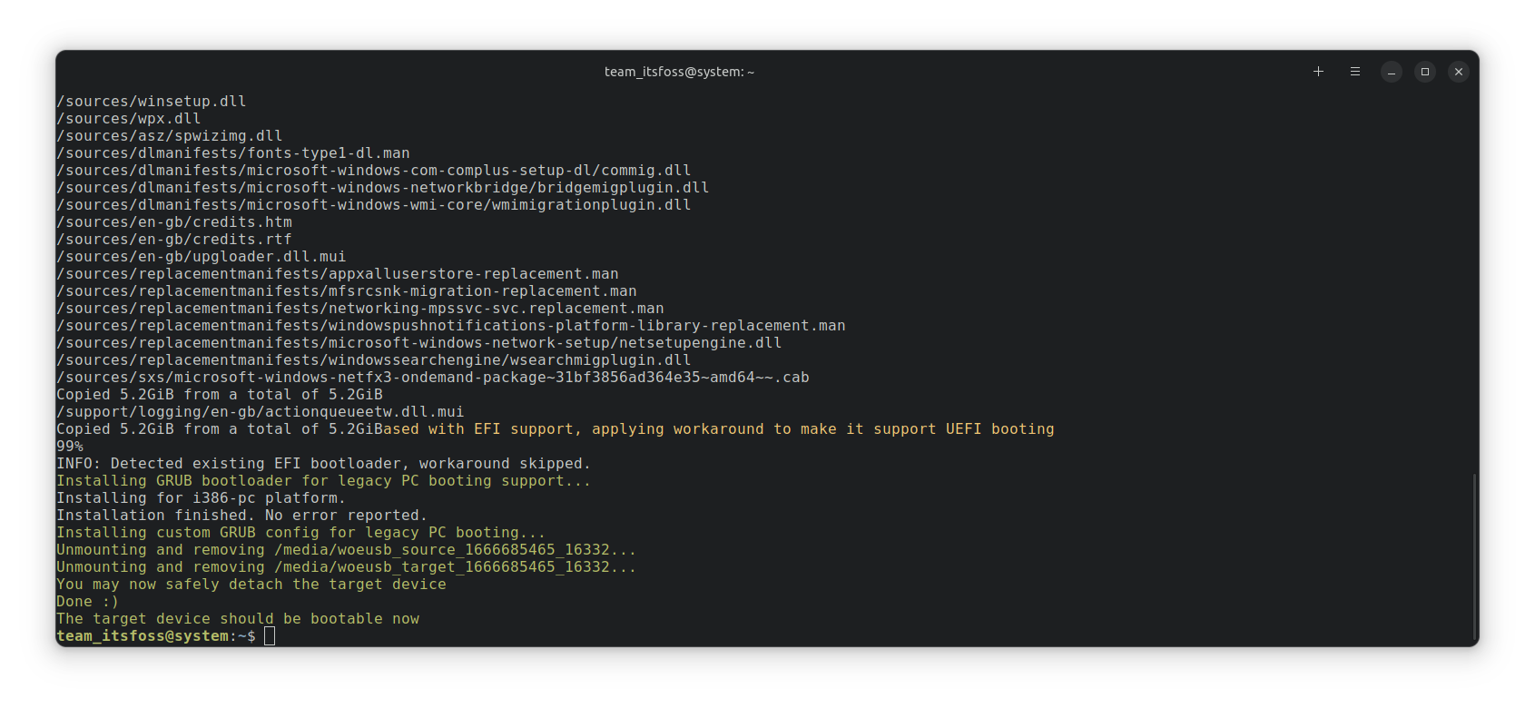 woeusb commandline success message