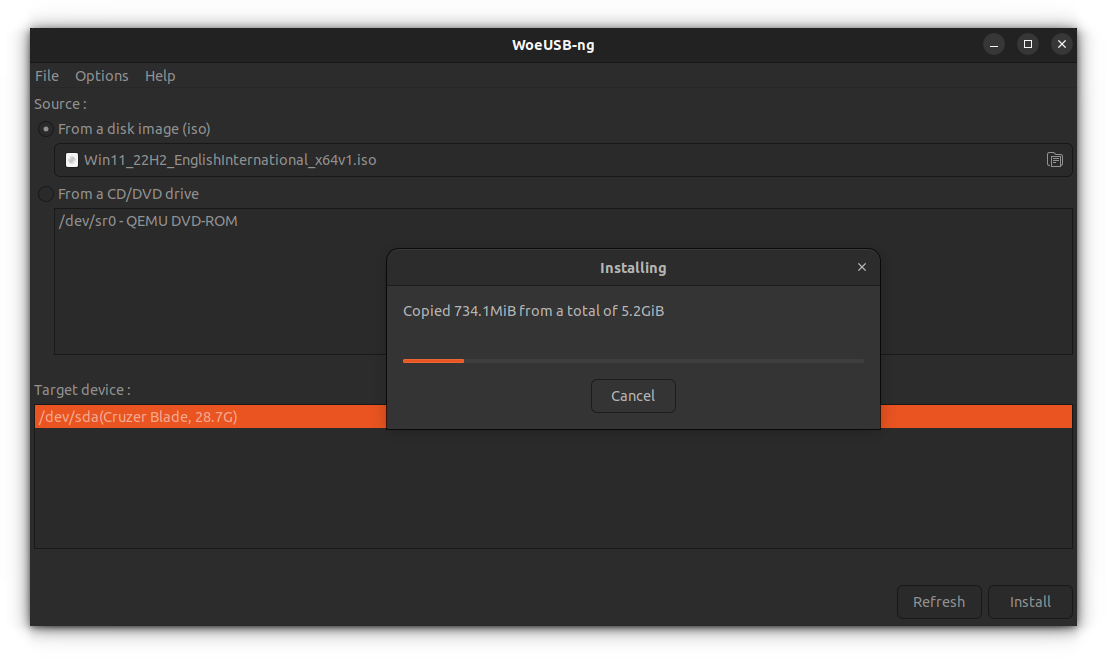 woeusb writing windows iso to the usb drive