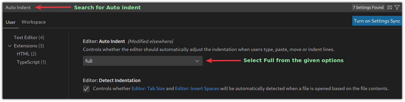 enable auto indent from global user settings in vscode