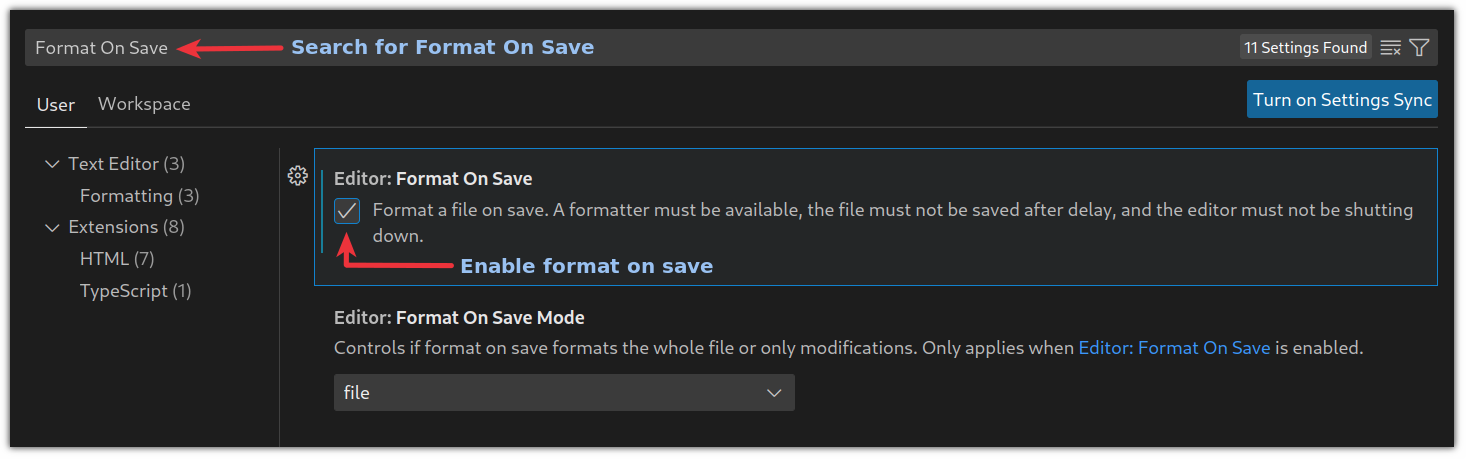 enable format on save option