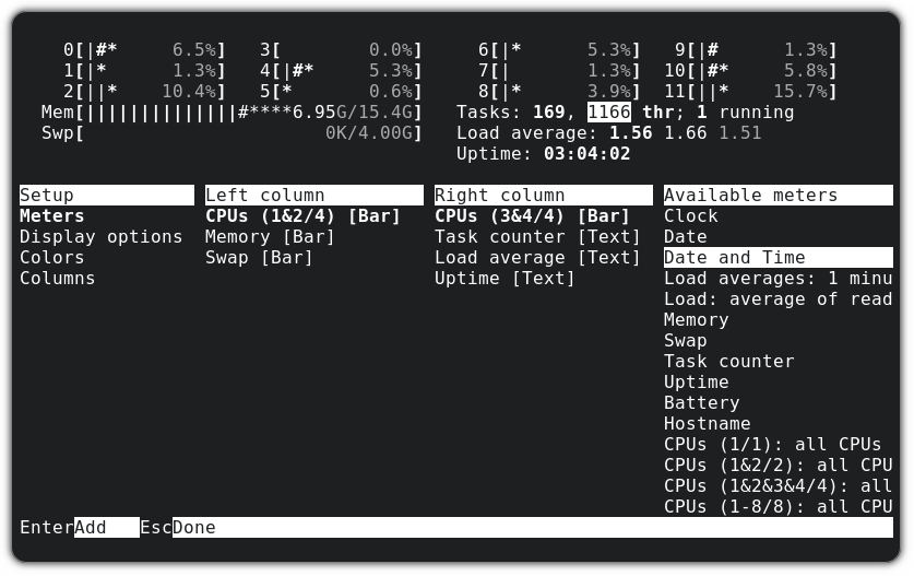 explore available meters in htop