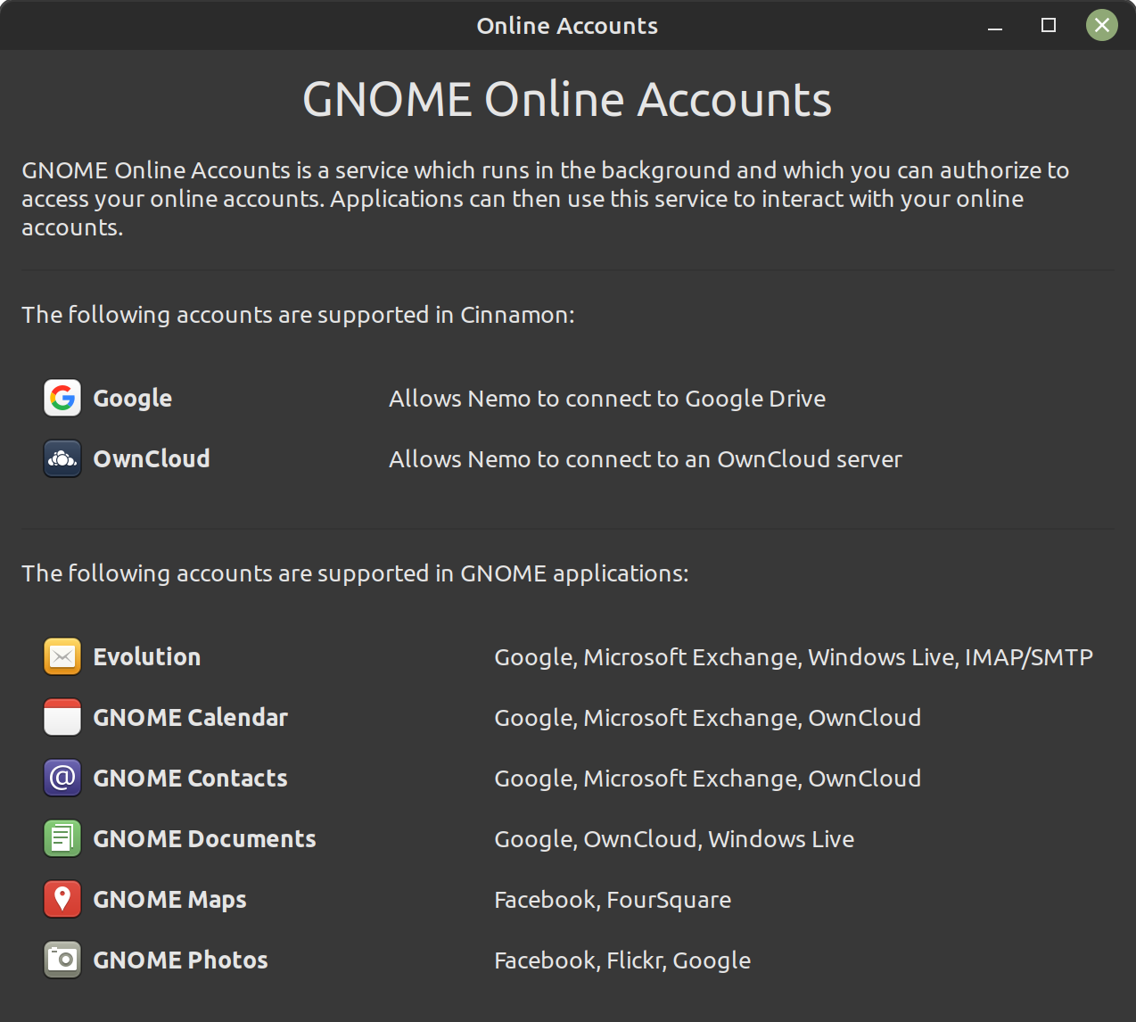 GNOME Online accounts in Cinnamon