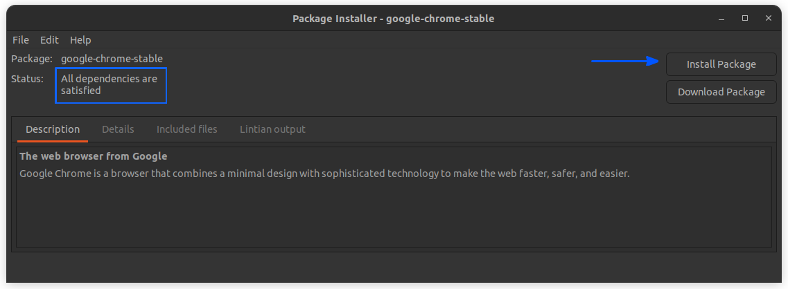 google chrome deb file in gdebi installer