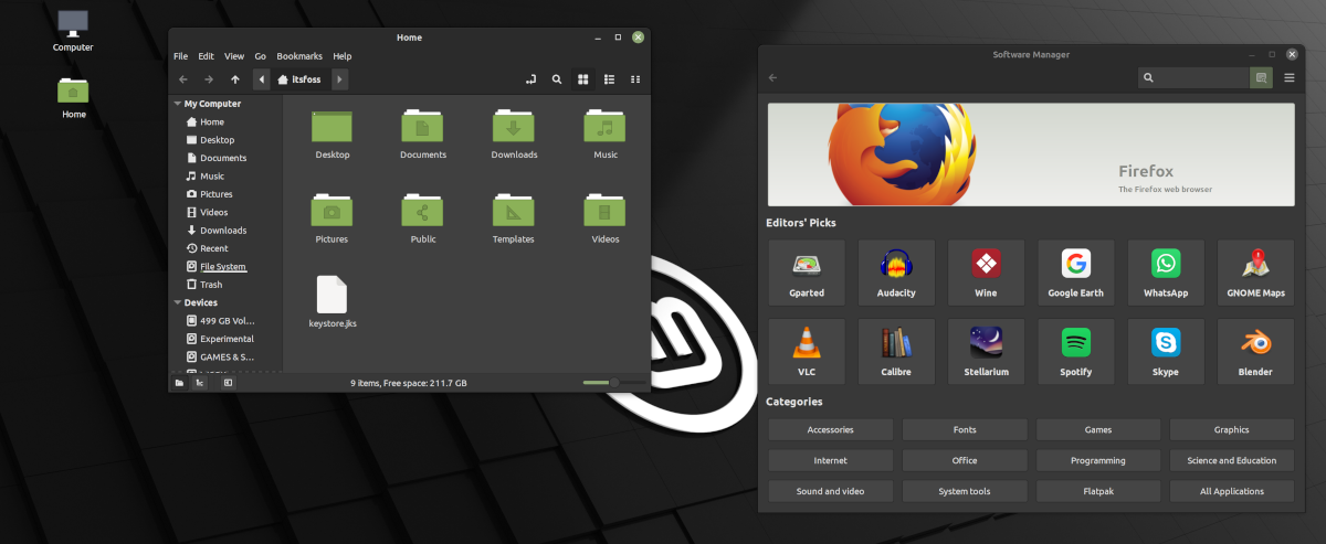 Several apps are opened in the Linux Mint Cinnamon Desktop