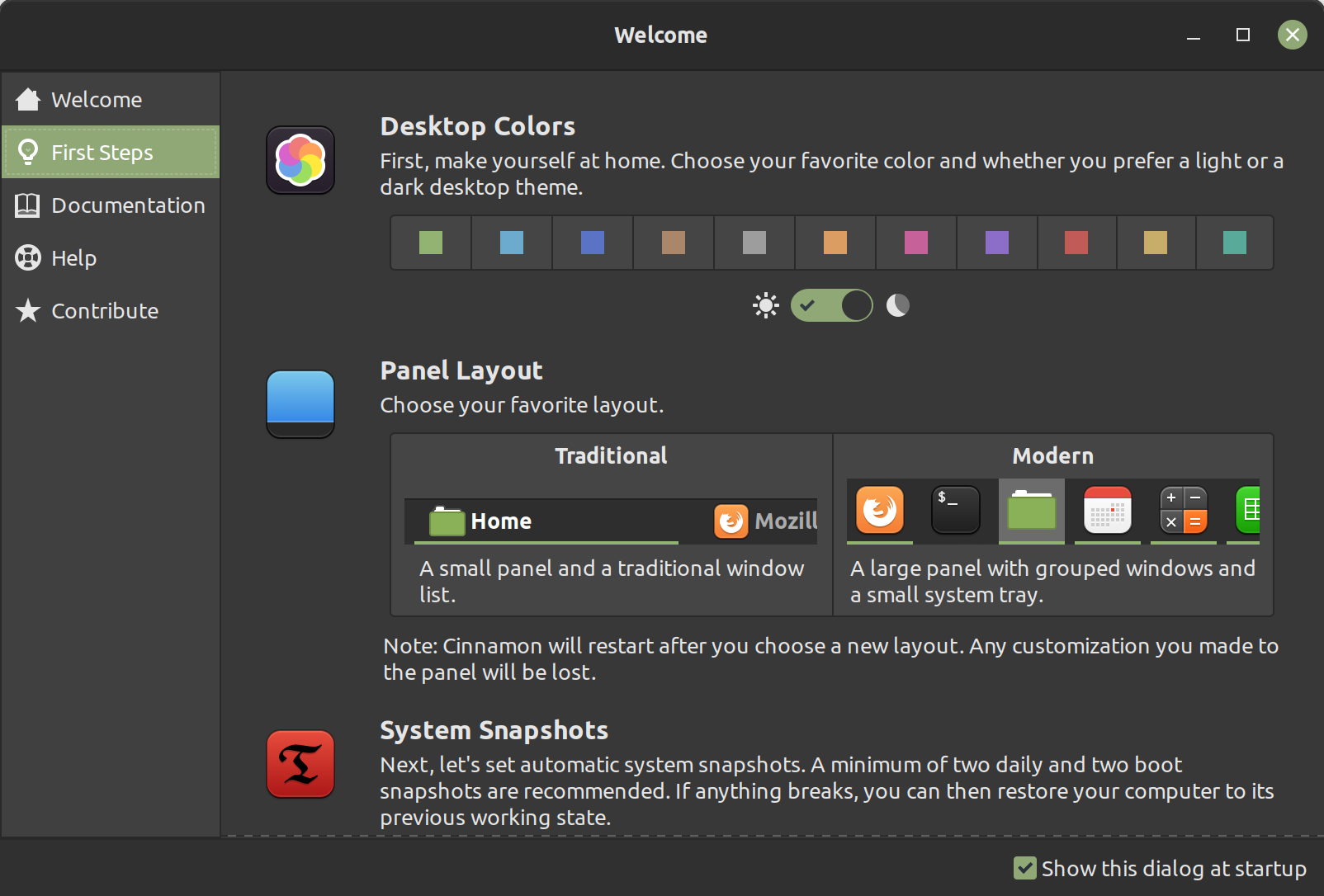 Linux Mint Welcome application, lisitng many tweaks available like desktop colors, panel layout etc.