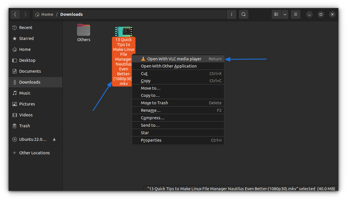 open media file with vlc player from nautilus file manager