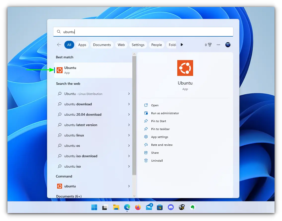 open ubuntu from windows 11 start menu