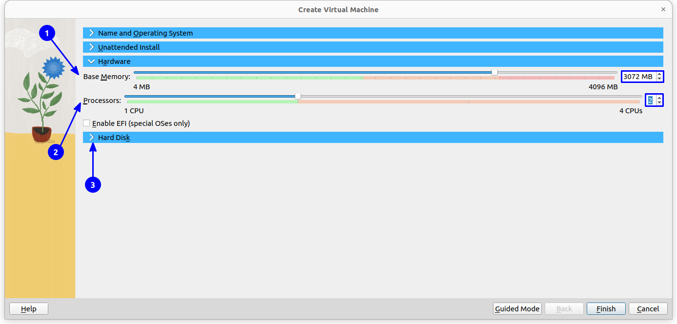 provide ram and cpu cores for the virtual machine