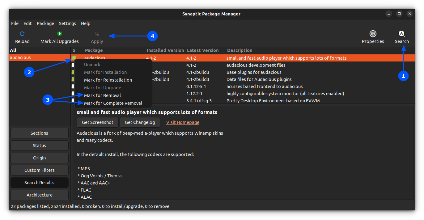 remove a package using synaptic package manager