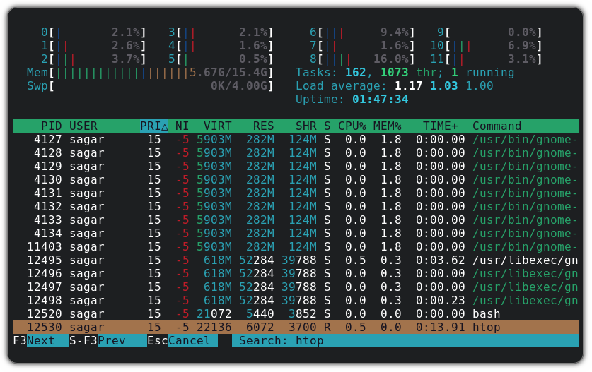search processes in htop