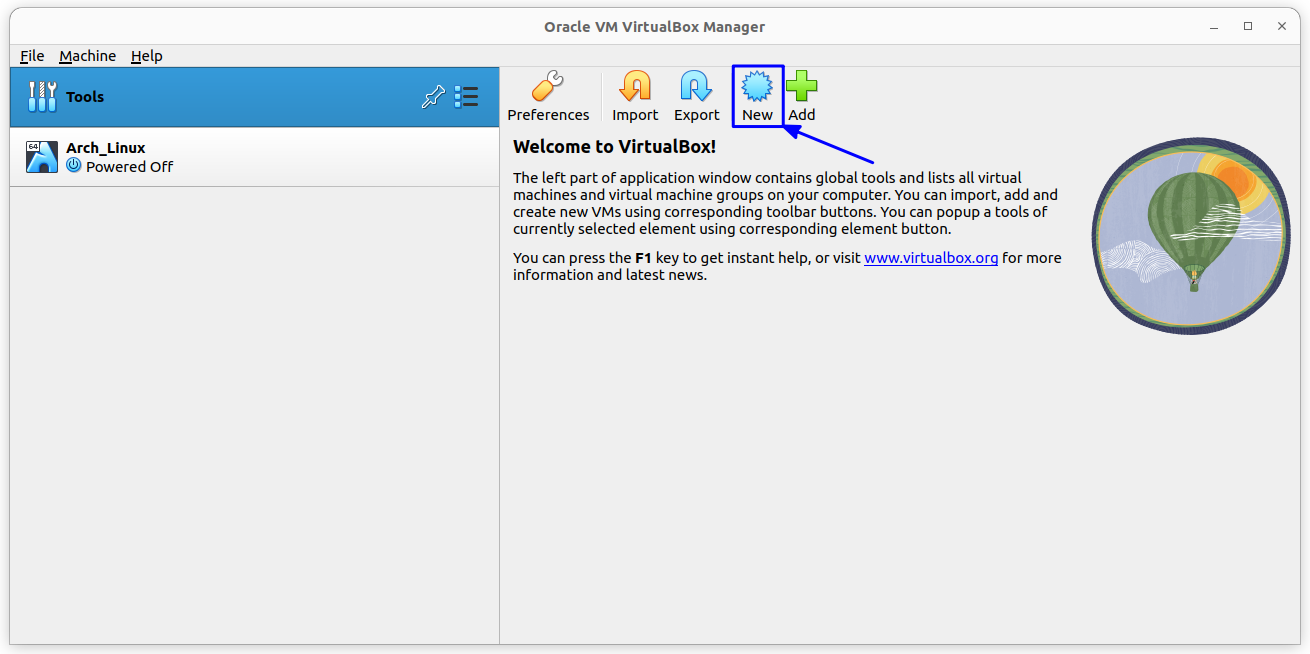 select new button to create a new virtual machine