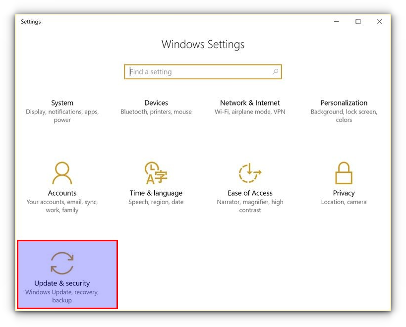 select updatesecurity option in windows system settings