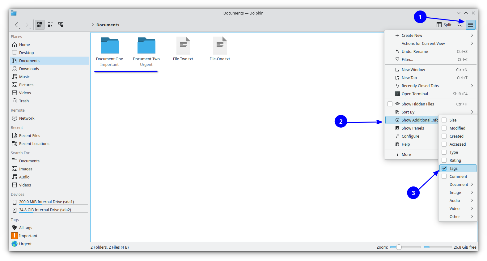 showing assigned tags beneath each item