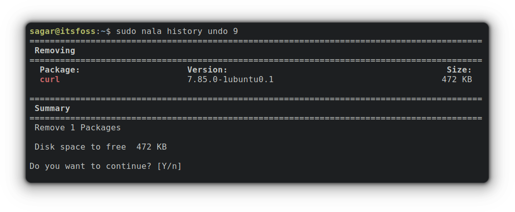 sudo nala history undo 9