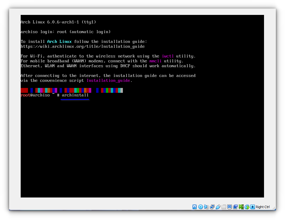 type archinstall in arch linux install terminal