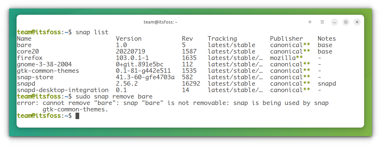 cannot remove snap because of dependency