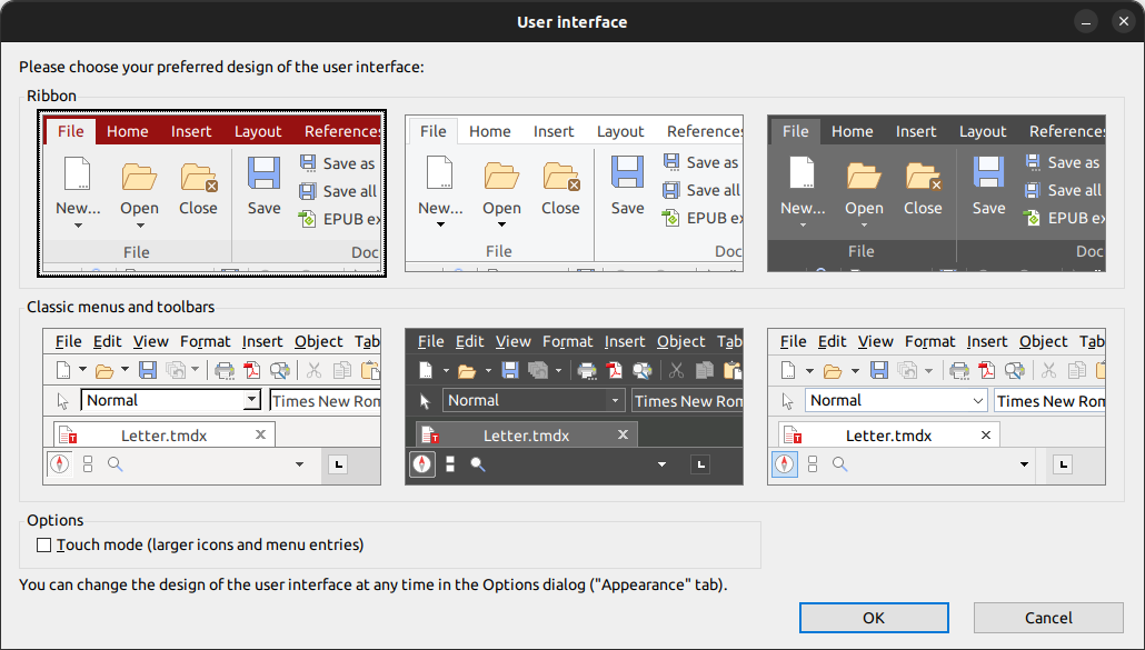 FreeOffice Layout, allowing user to select a particular layout from a list displayed.