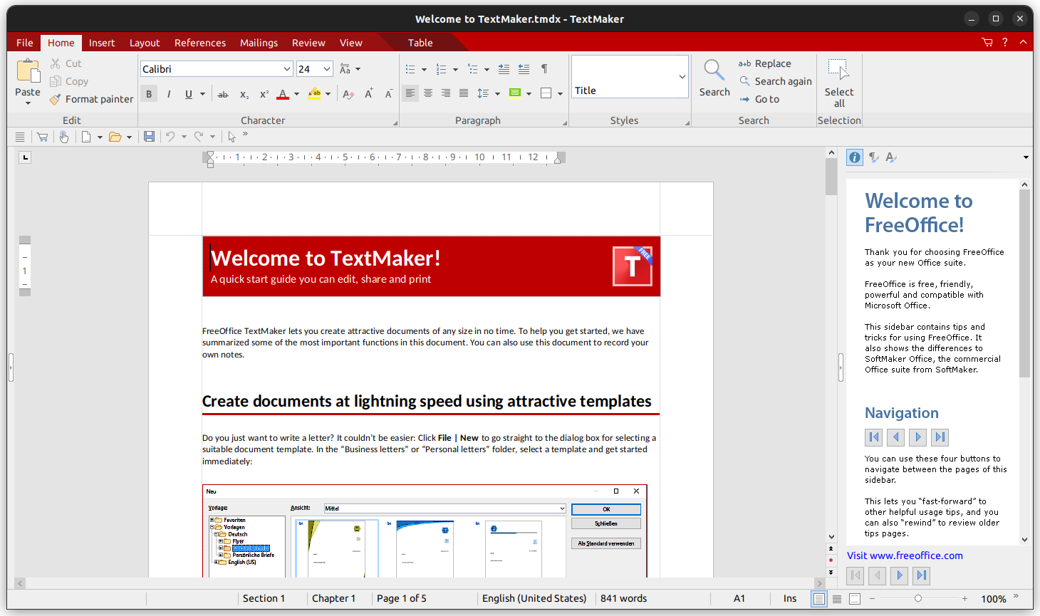 FreeOffice TextMaker:  A Saple document is opened along with a display of many tools and icons available in the interface