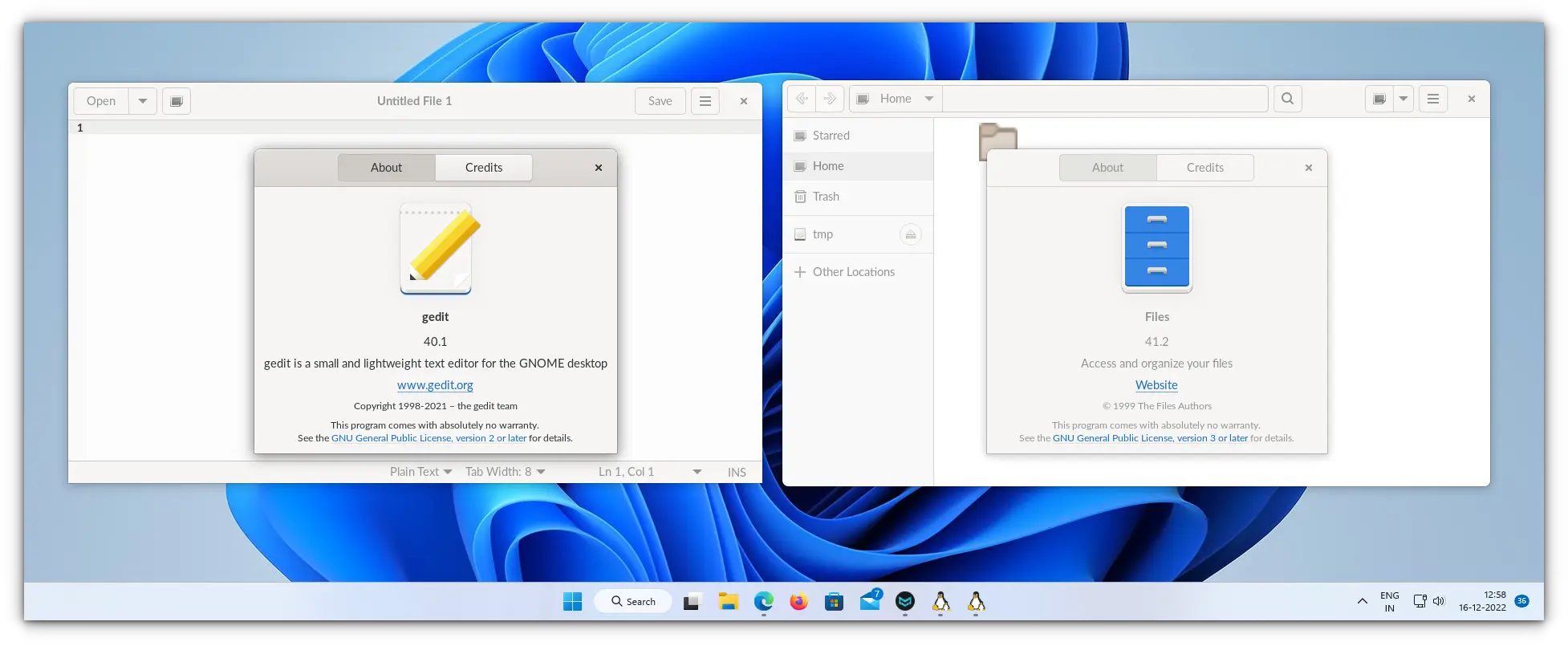 gedit text editor and nautilus file manager running in windows 11