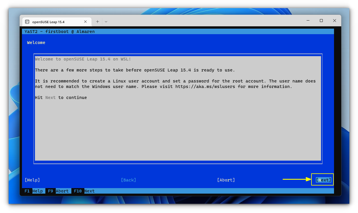 hit next to continue opensuse setup