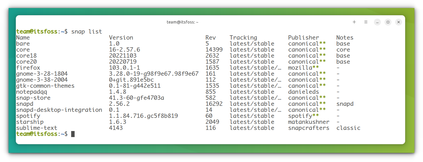 installed snap packages listed in terminal