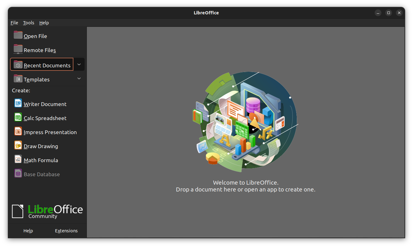 LibreOffice Home, displaying options to create various document formats like word, calc etc