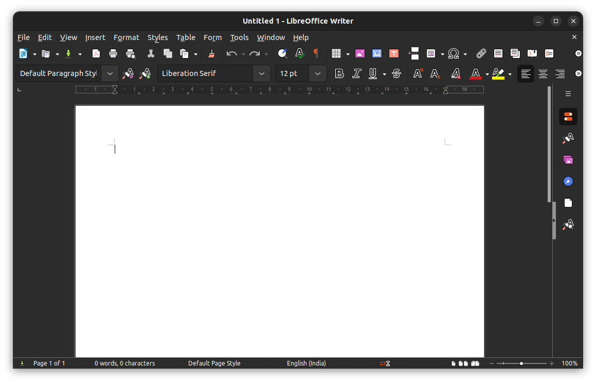 Libreoffice Writer: A Blank page, showing all the toolbar, icons etc