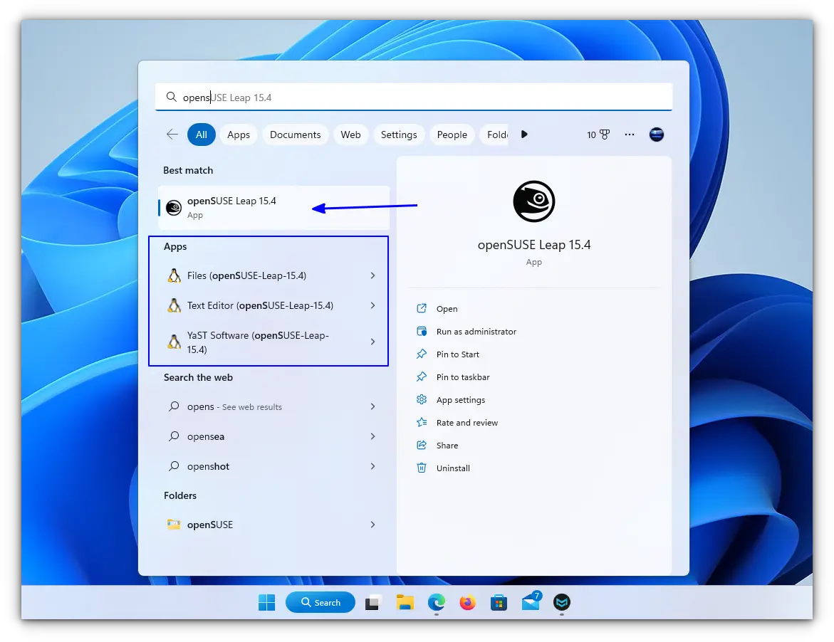 opensuse gui apps in windows start menu