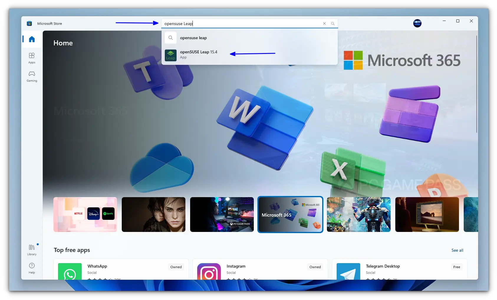 search for opensuse leap in microsoft store