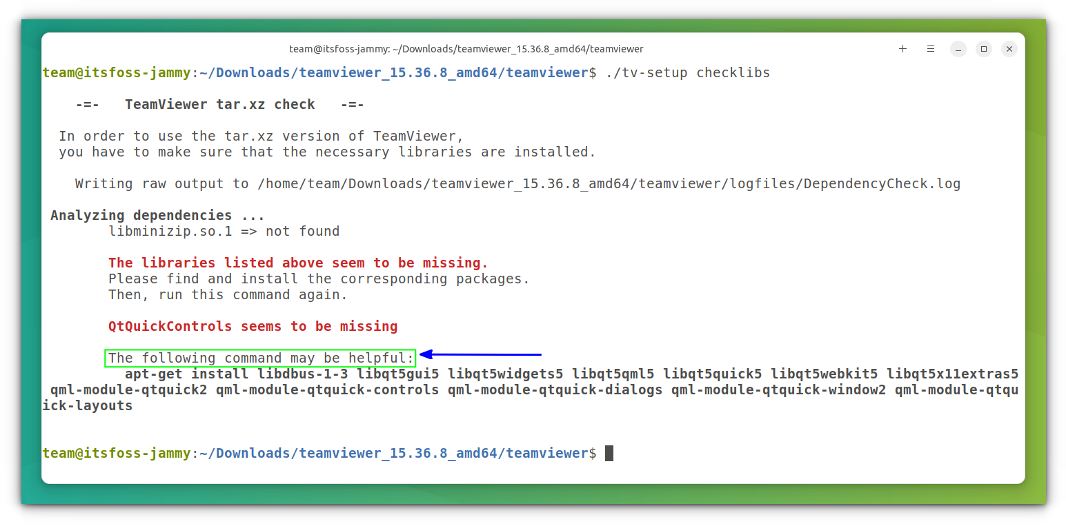 teamviewer checking for essential dependencies in terminal