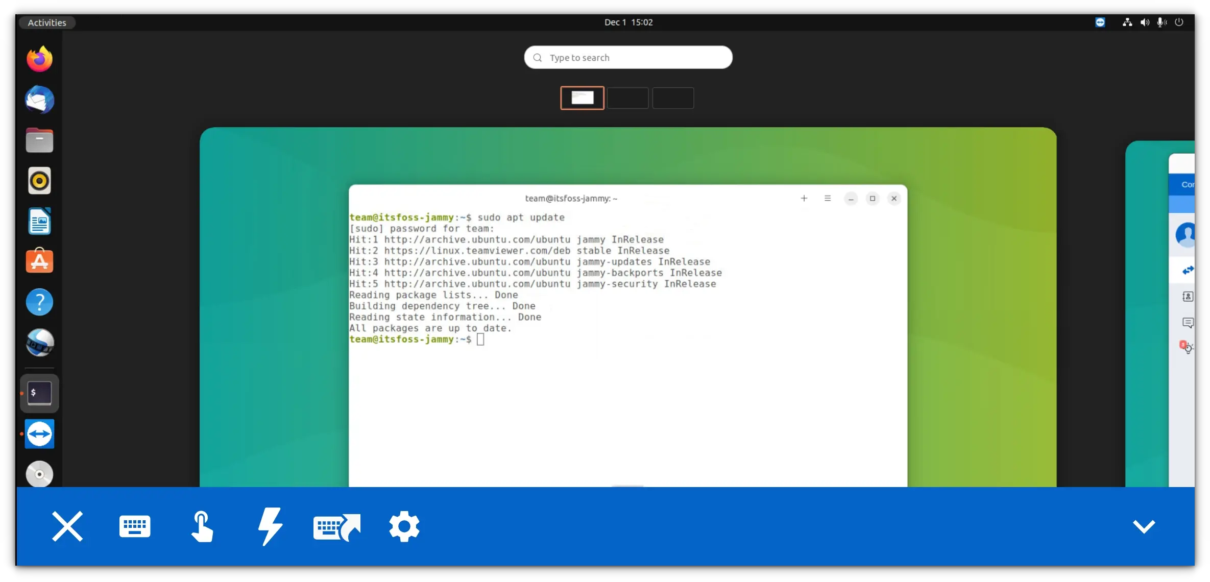 ubuntu accessed via teamviewer installed in android phone